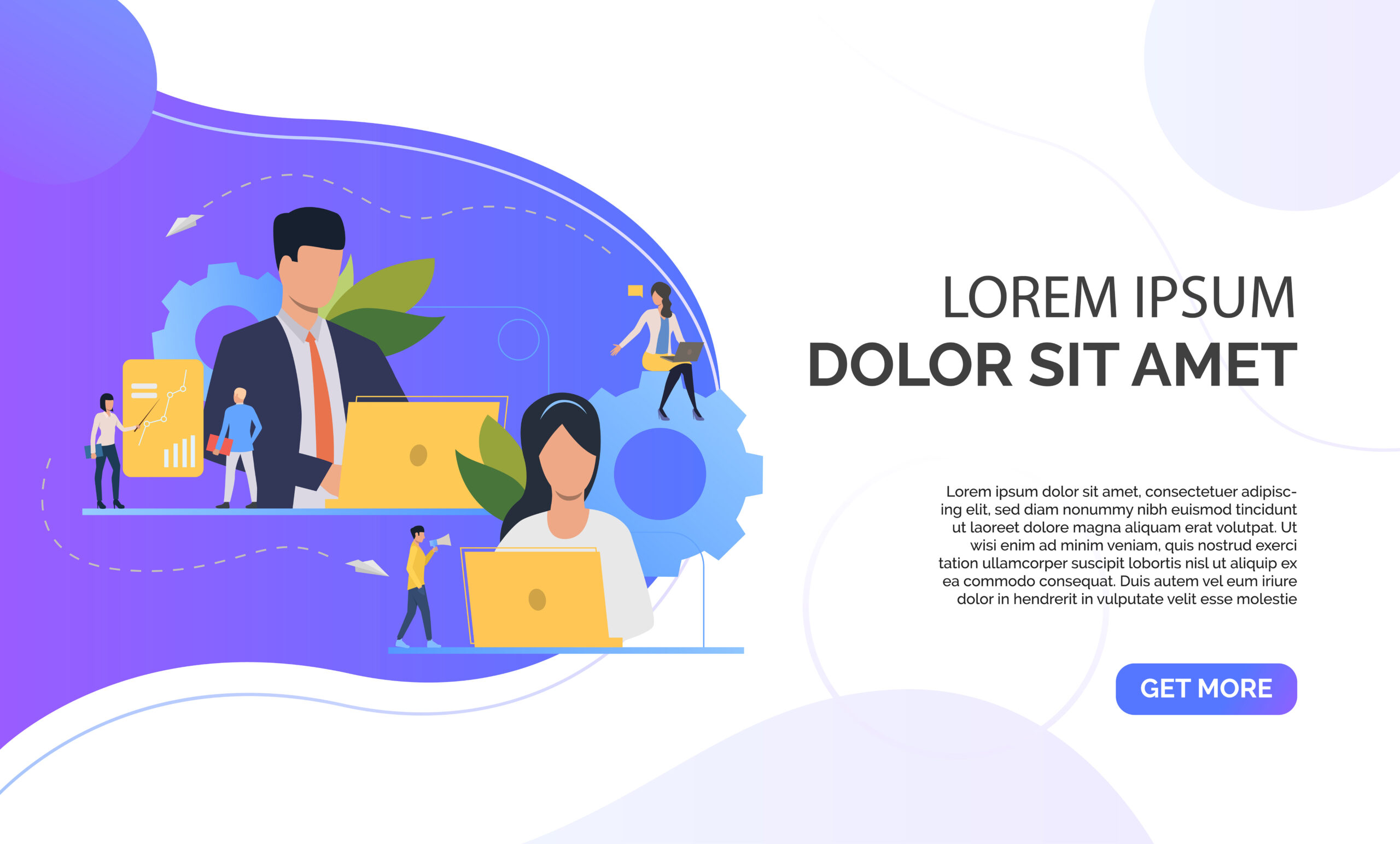 Teamwork flat icon. Working at laptop, team members, gear, process. Business concept. Can be used for topics like leadership, communication, startup